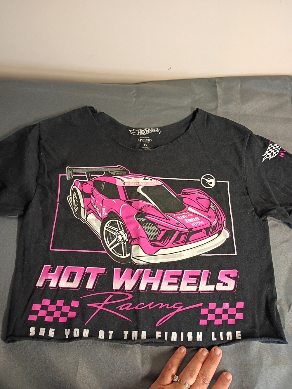 Mattel Black Crop top with Pink Hot Wheels Race Car Graphic